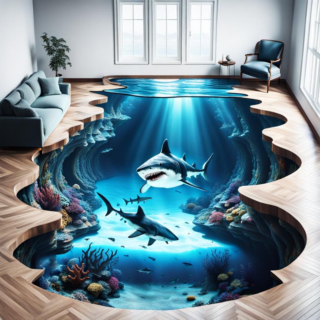 Hyperrealistic Shark Abyss Floor Art Illusion