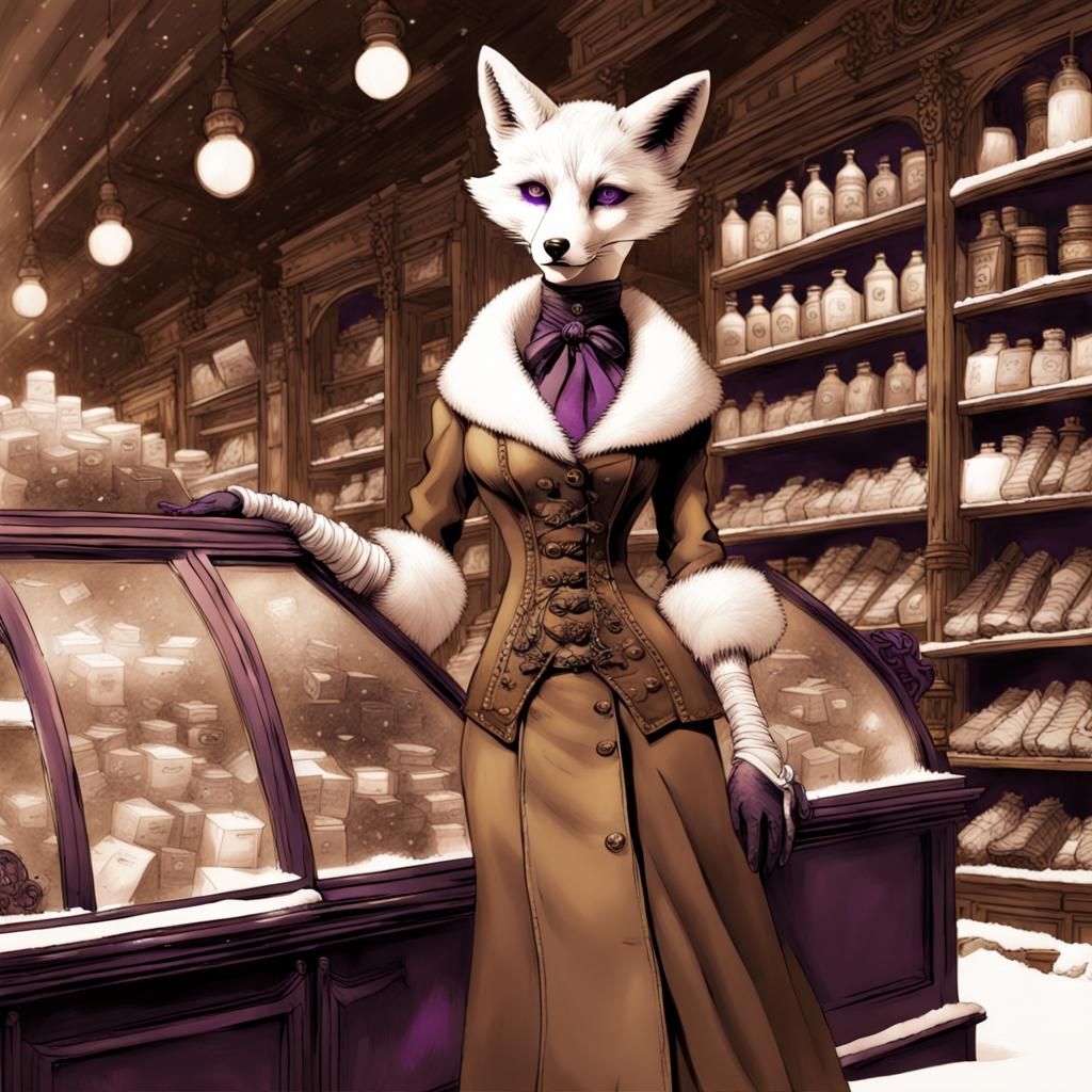 Steampunk Snow Fox Lady Shopping in Sepia