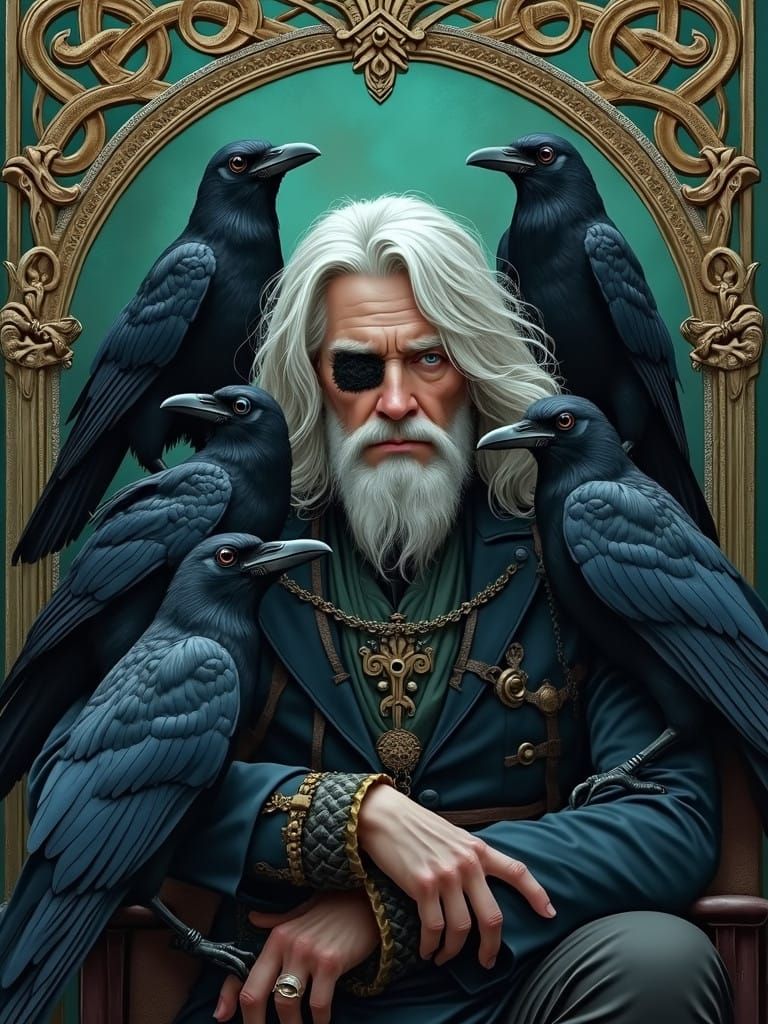 Regal Silver-Haired Gentleman Surrounded by Ravens in Celtic...