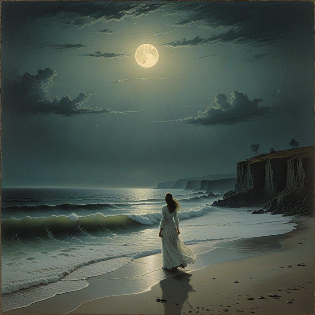 Dreamy Seaside Scene under Full Moonlight