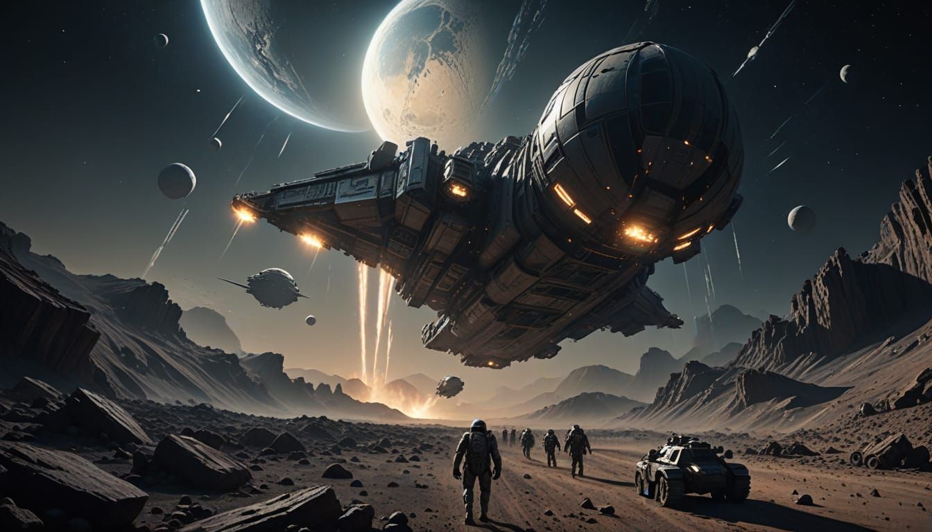 Futuristic Troop Deployment in a Dramatic Alien Landscape