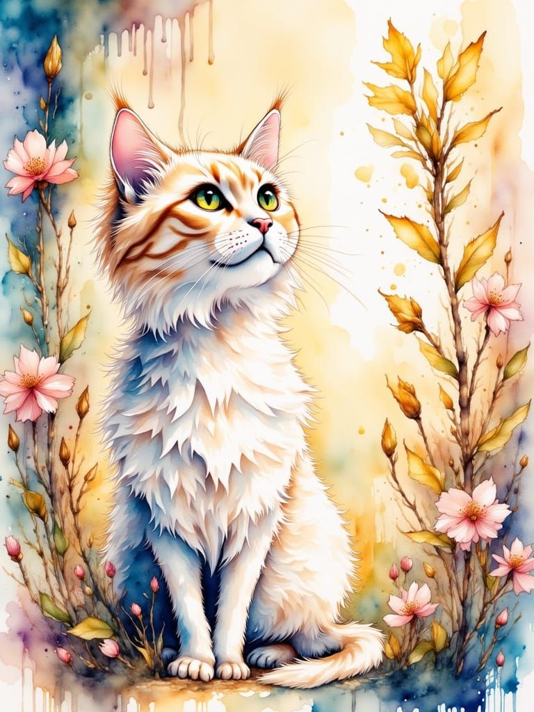 Adorable Cat Under Luminous Flower in Watercolor Style