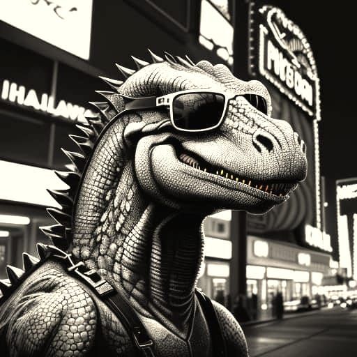 Dinosaur in Sunglasses on Las Vegas Strip: Charcoal Art