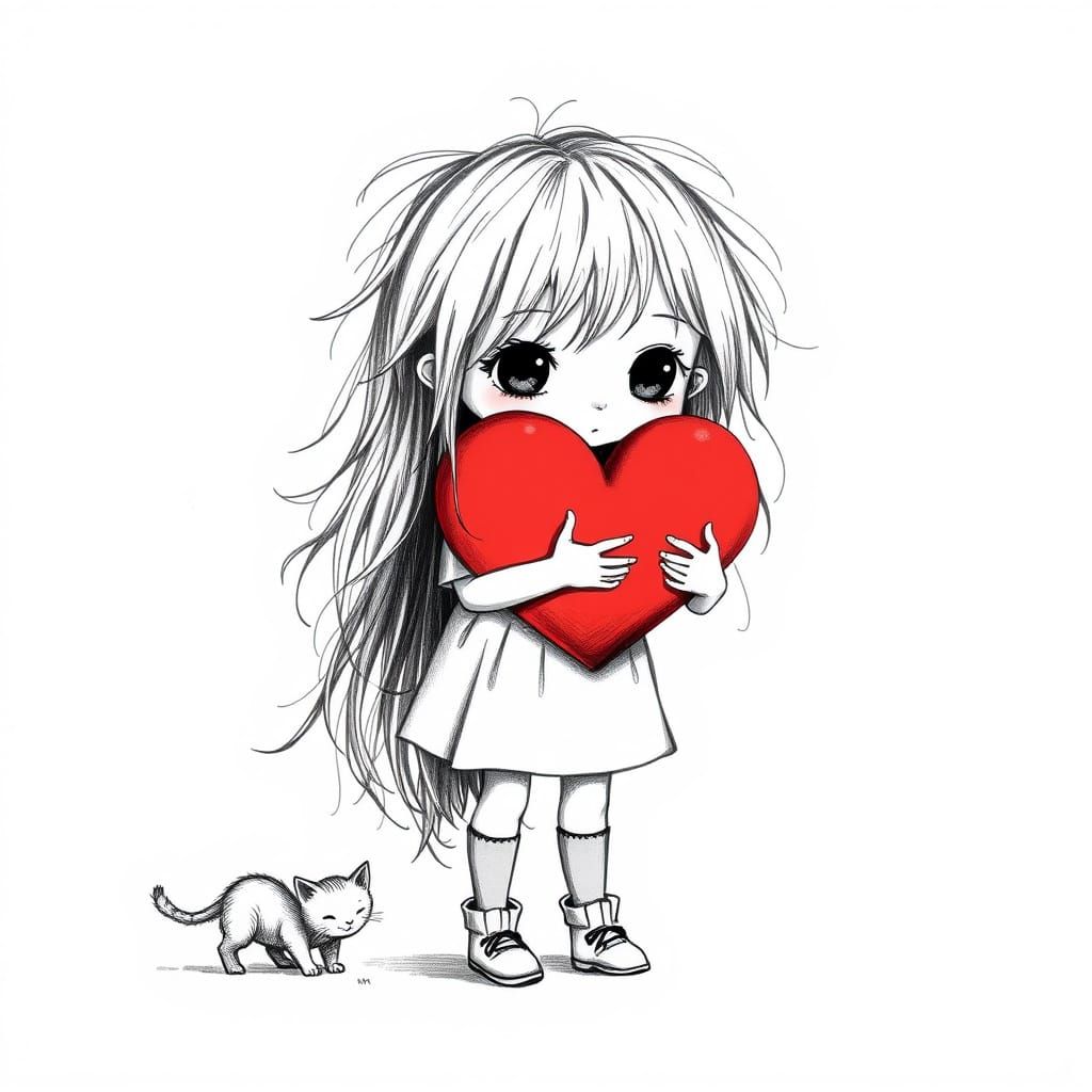 Minimalist Charcoal Sketch of Girl Holding Red Heart