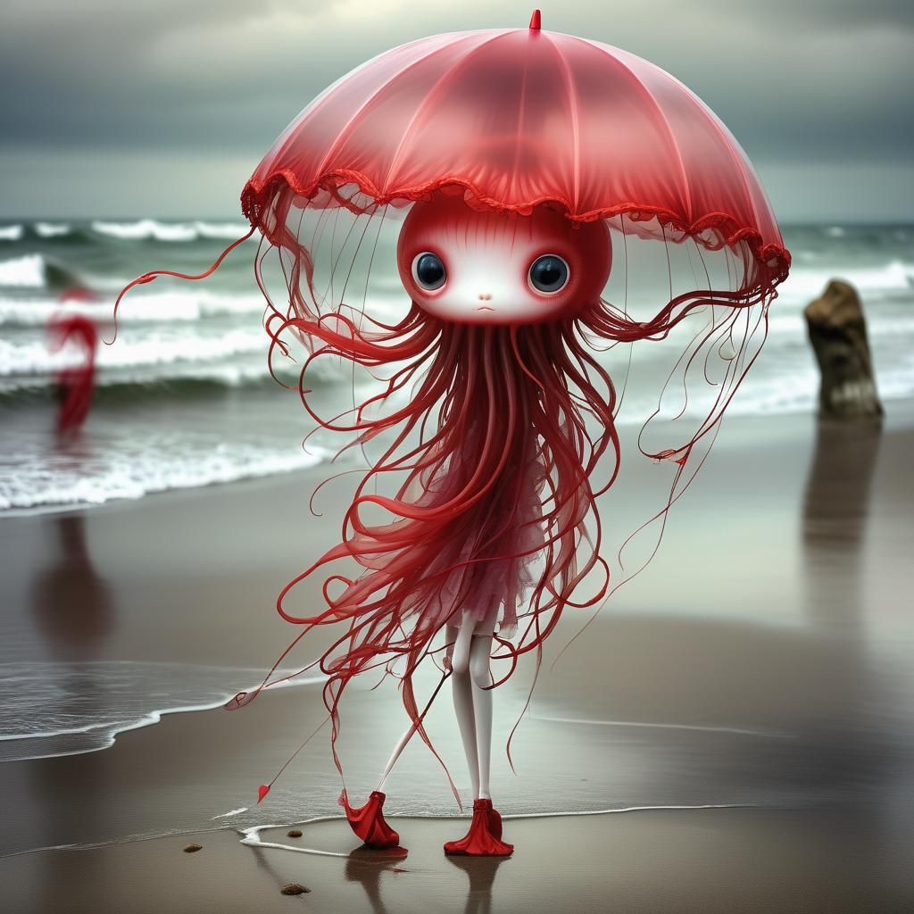 Translucent Jellyfish Creature on Overcast Beach