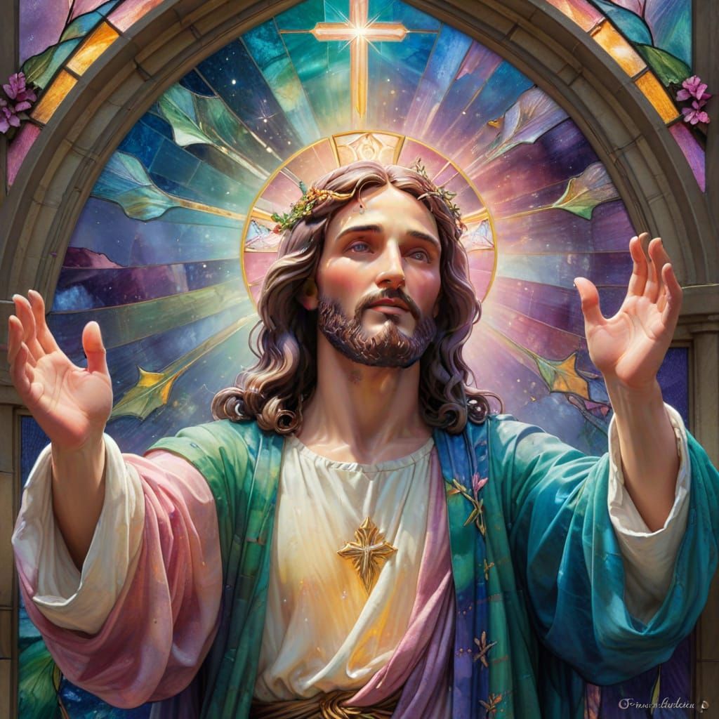 Stained Glass Jesus Window in Ethereal Mist