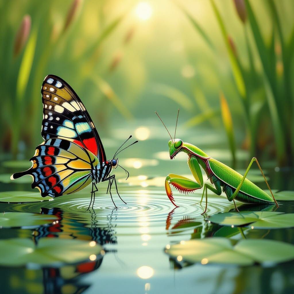 Butterfly and Praying Mantis in Lush Habitat
