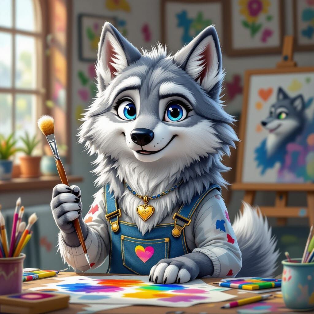 Anthropomorphic Wolf Artist in Vibrant Comic Chalk Style