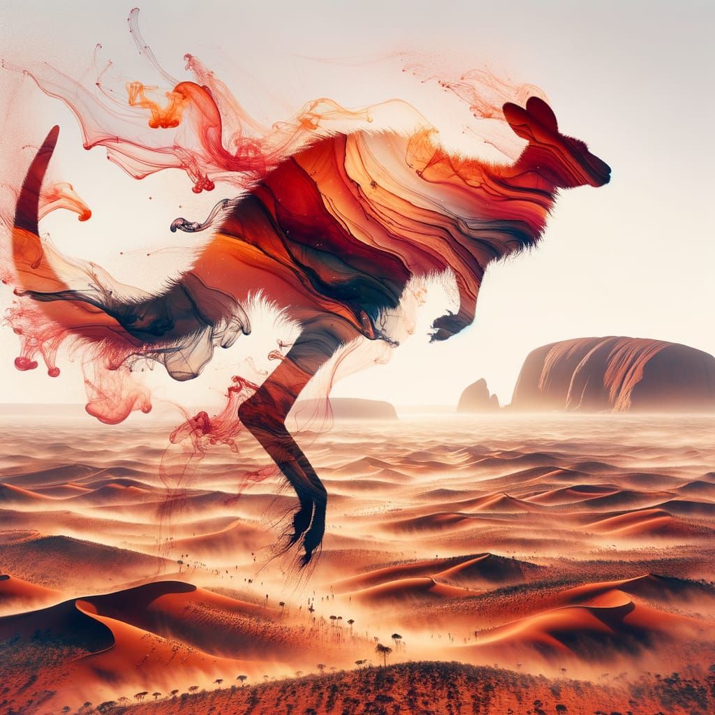Uluru and Kangaroo Double Exposure in Glasswork Style