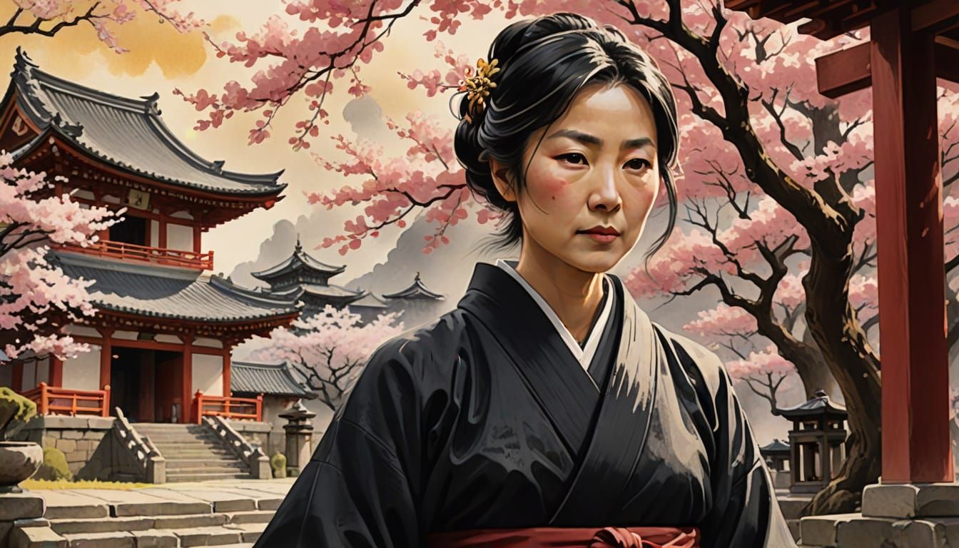 Hōjō Masako in Ink Wash Style at Temple