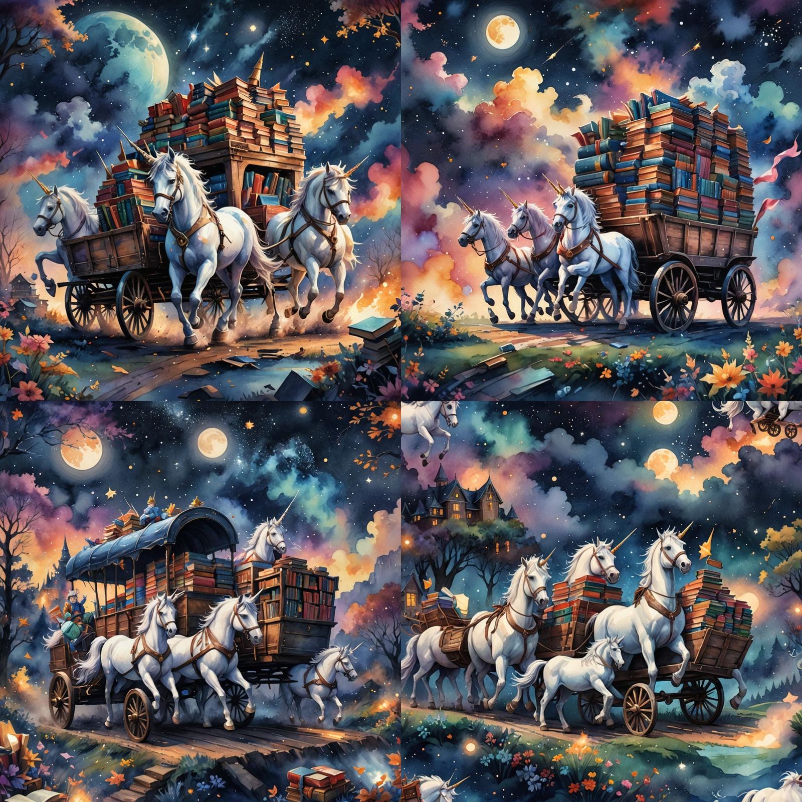Unicorns Pulling Books: Impressionistic Watercolor Art