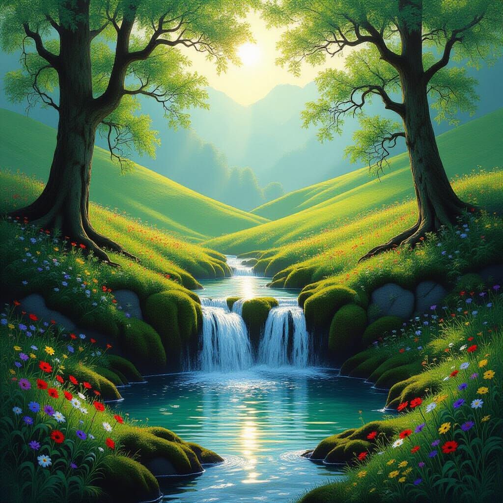 Serene Green Hills with Hidden Waterfall in Romantic Style