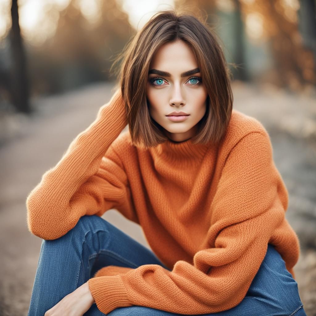 Slender Woman with Bob Haircut in Orange Sweater