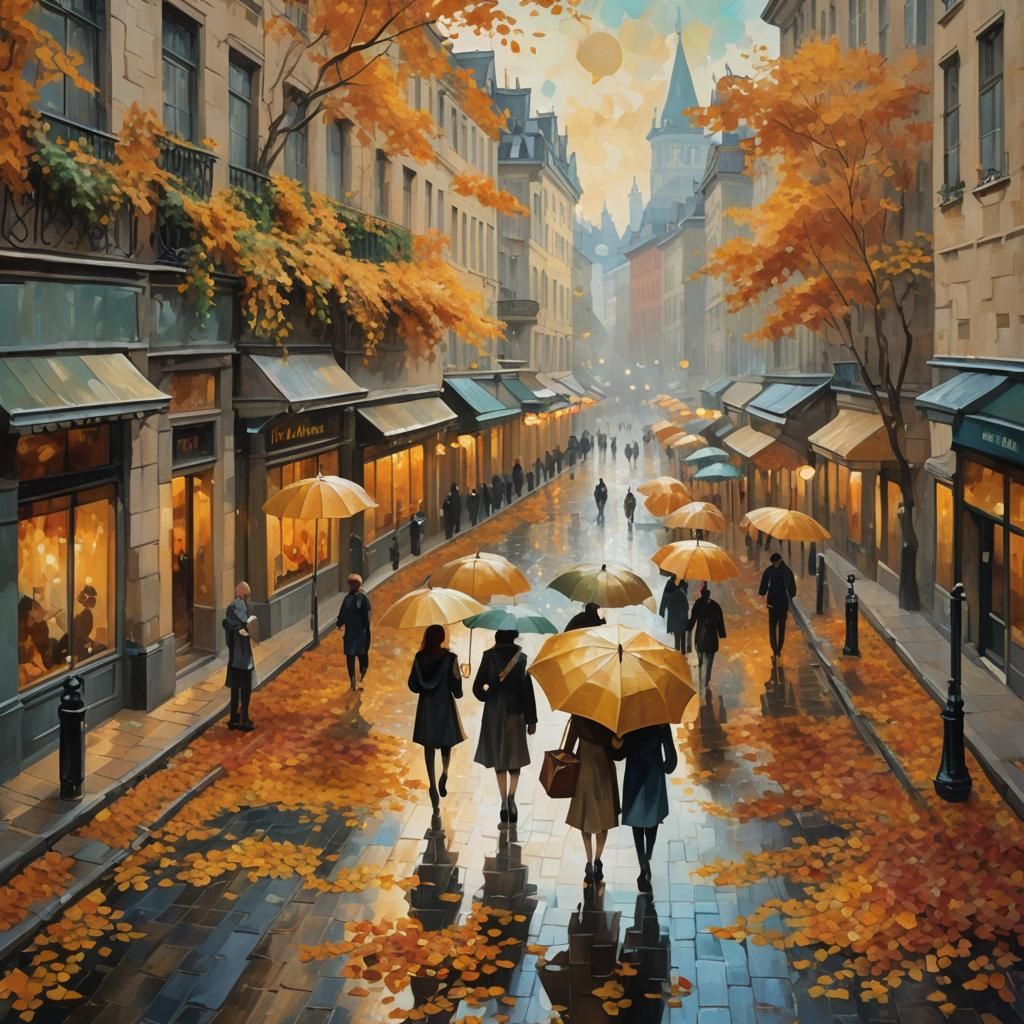 Floating Autumn Leaves: Impressionist City Street Scene