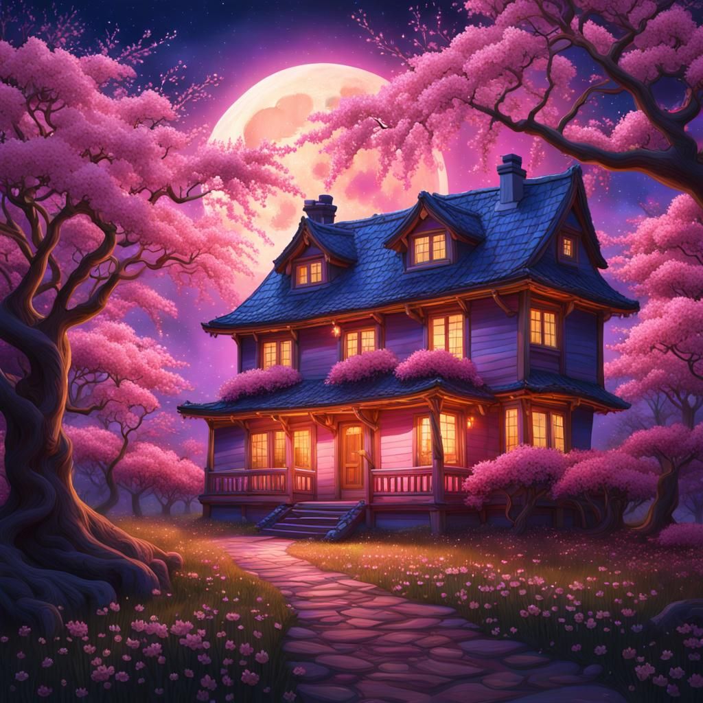 House in Cherry Blossom Field: Fantasy Concept Art