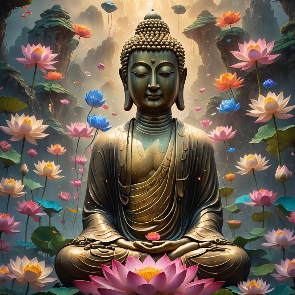 Zen Buddha Surrounded by Lotus Flowers in 3D