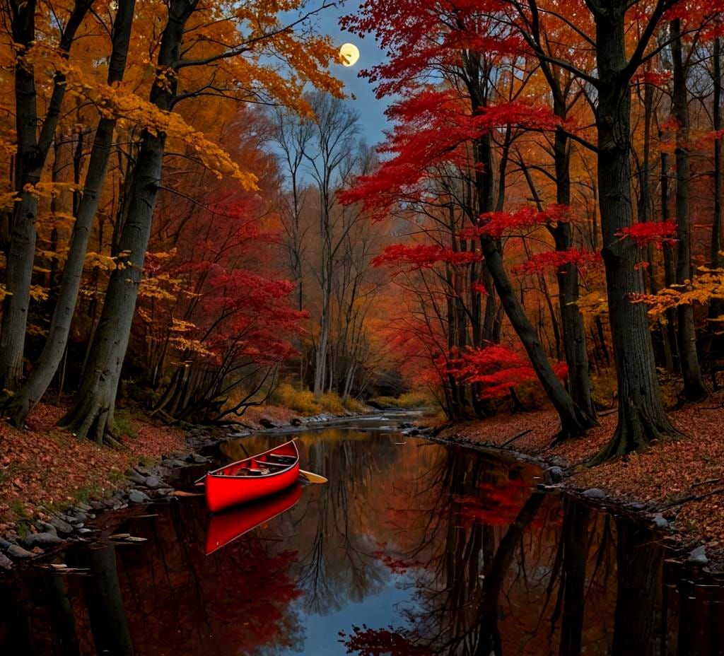 Autumn Stream with Canoe and Reflected Moon