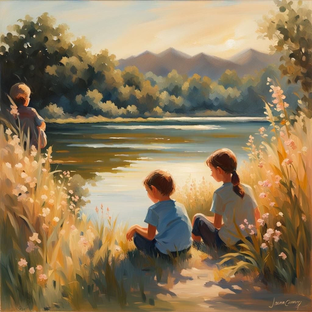 Idyllic Lake Scene in Impressionist Style