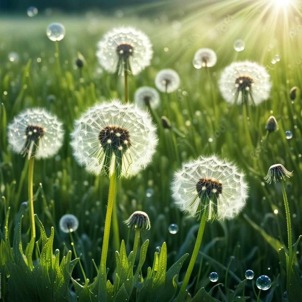 Dandelion Seed Heads in Dew-Kissed Meadow