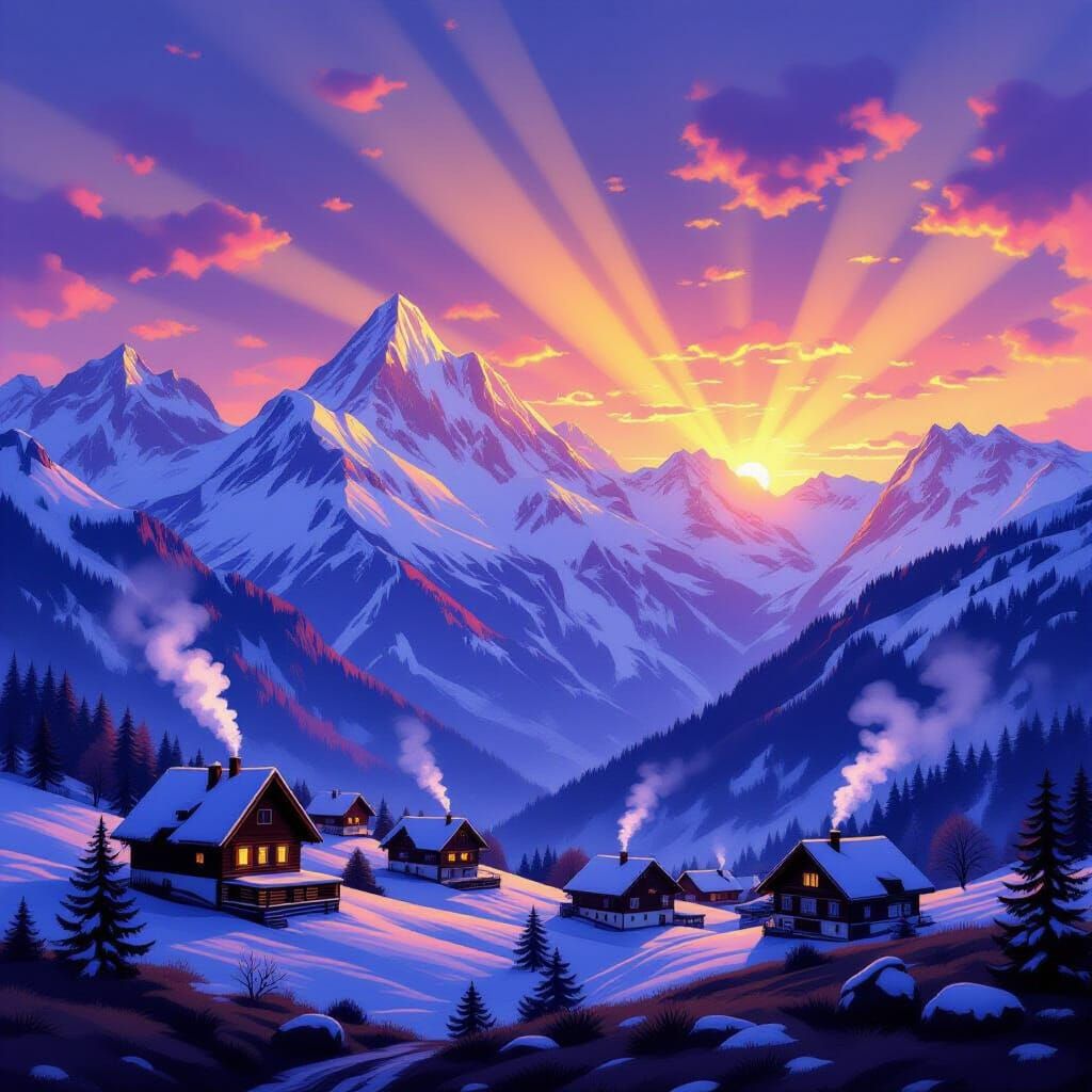 Romantic Mountain Village at Sunset Painting