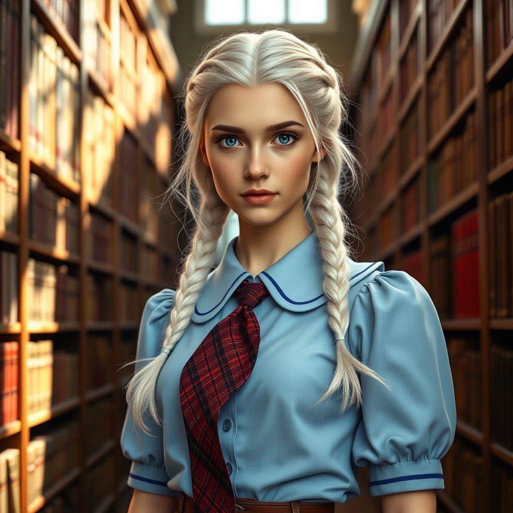 Young Woman in Library, Vermeer-Inspired Portrait