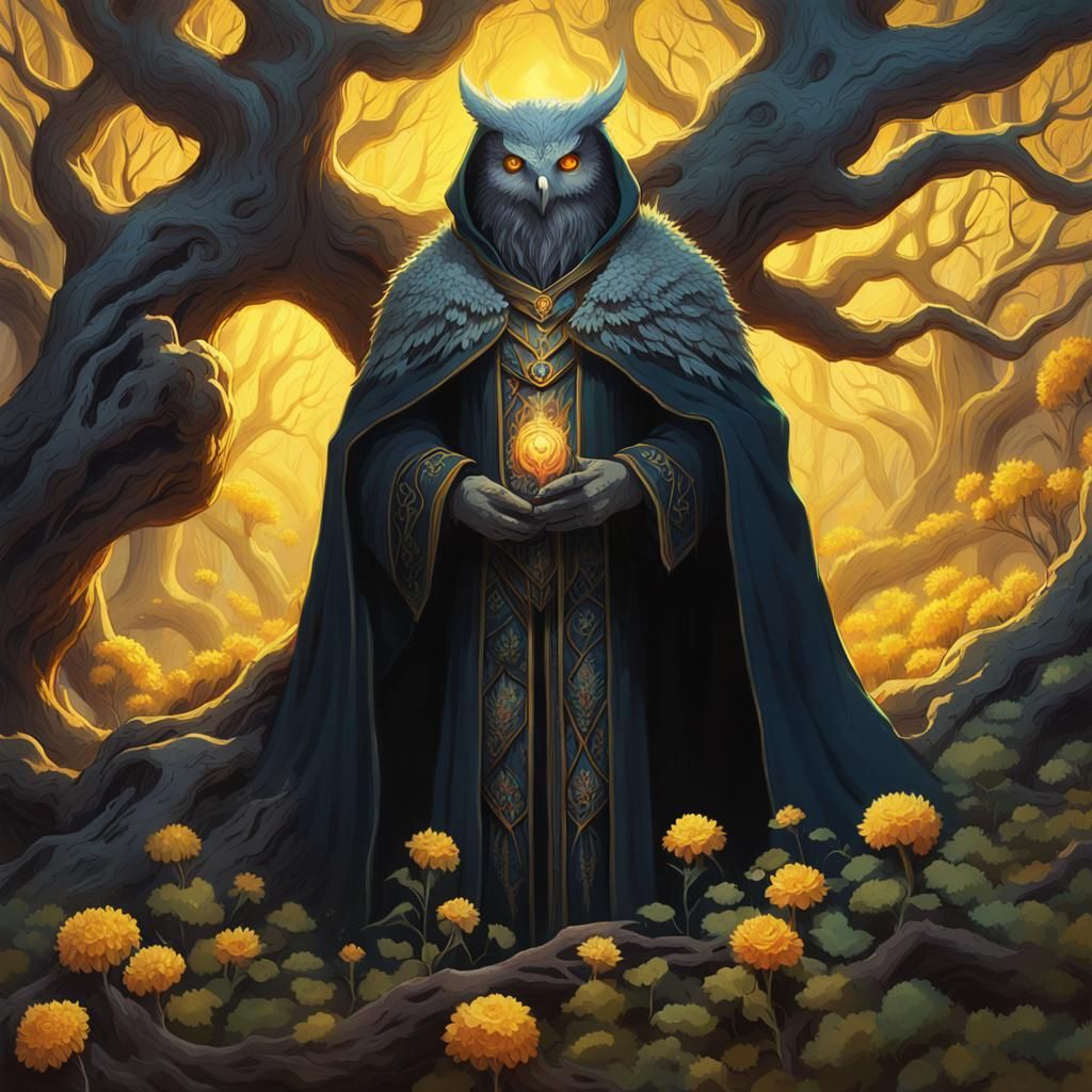 Occult Gardener and Owlbear in Fantasy Art Style