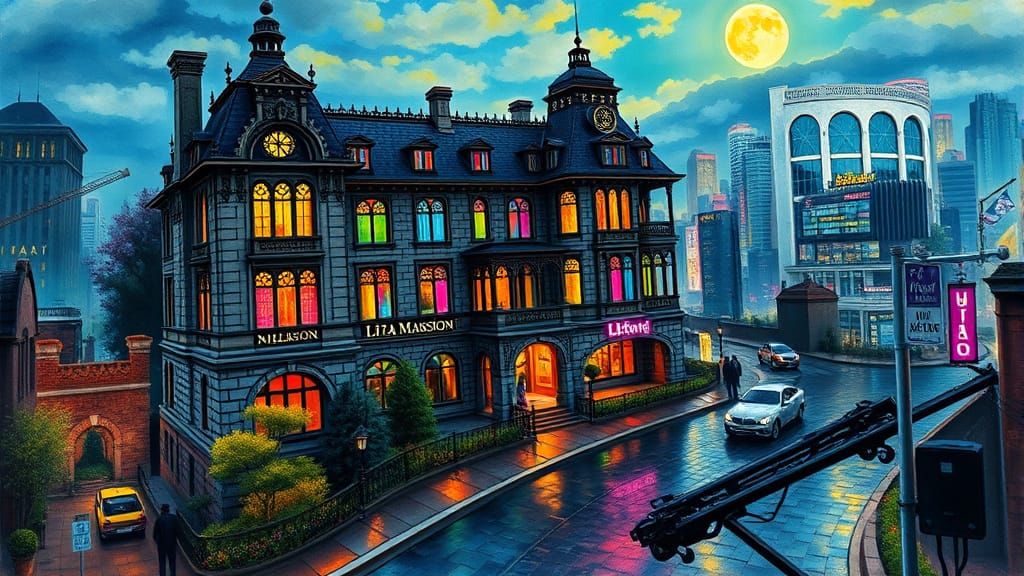 Victorian Mansion Overlooking Cyberpunk City as Impasto Pain...