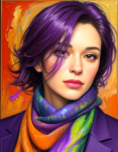 Violet in Vibrant Purple Regalia, Neo-Impressionist Oil Pain...