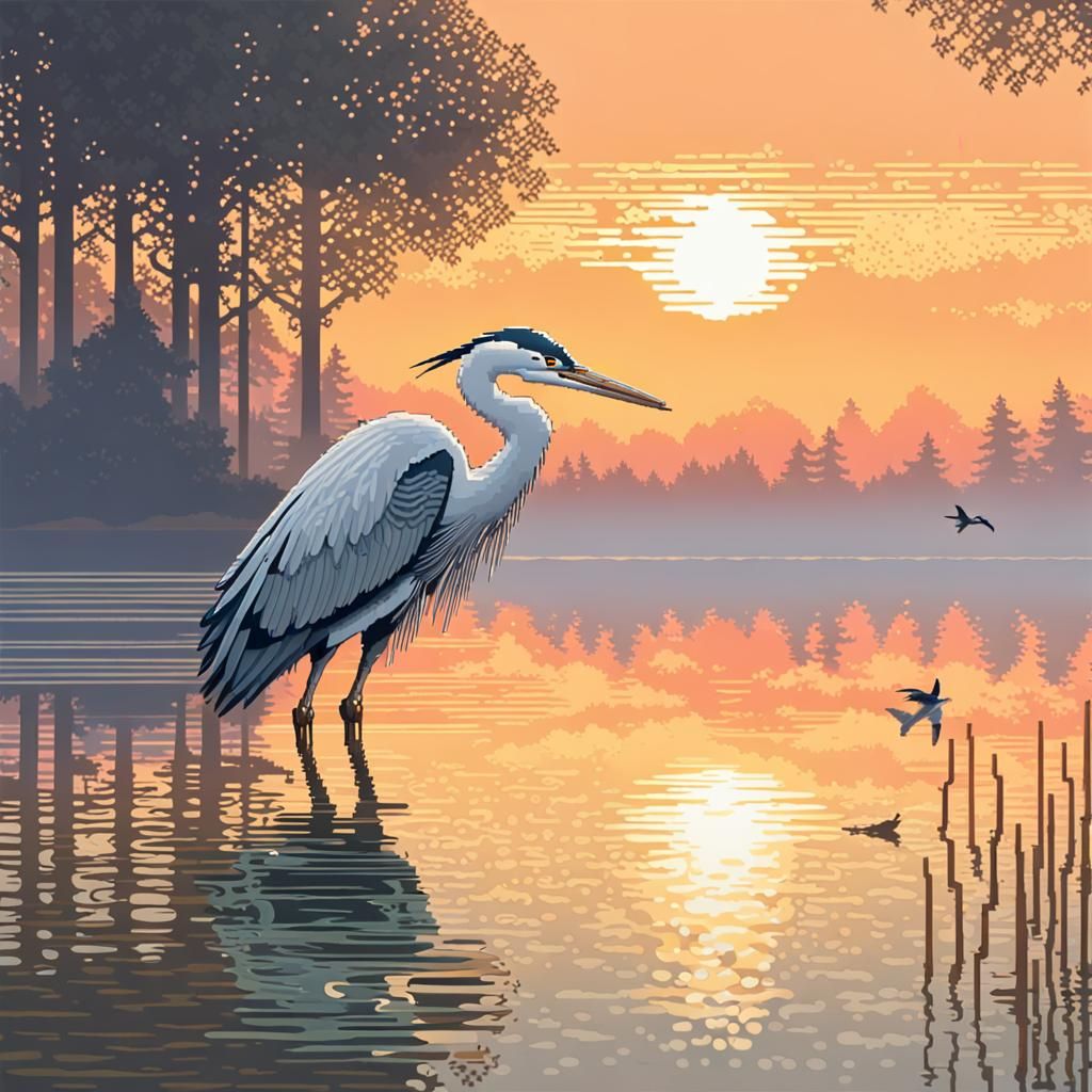 Retro Pixel Art Heron Fishing at Sunrise