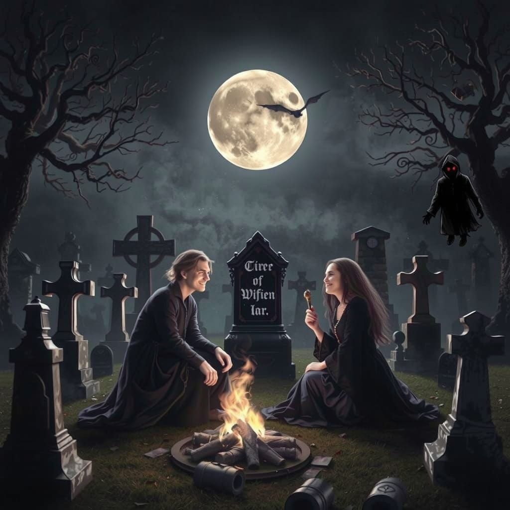 Wiccan Couple Under Full Moon in Haunting Graveyard Scene