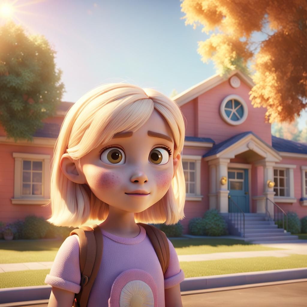 Anxious Girl at Preschool in Pixar Animation Style