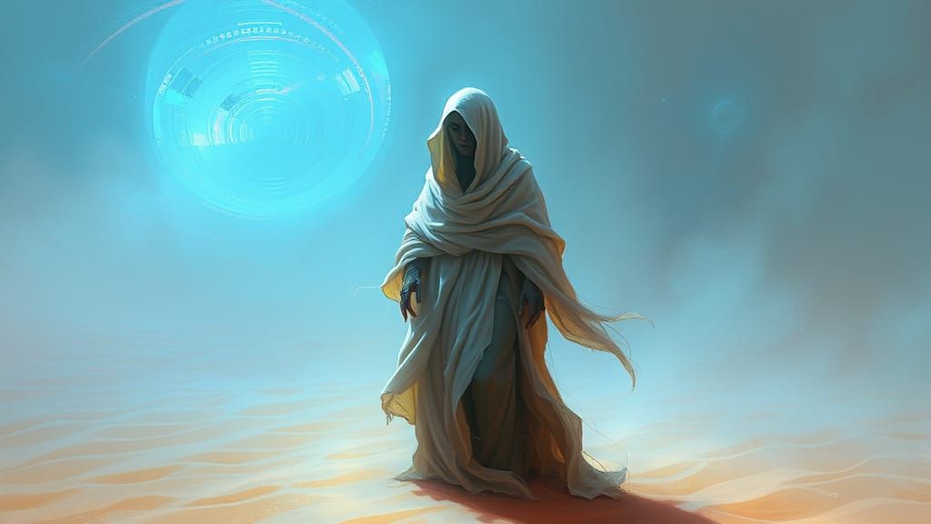 Ethereal Ghostly Figure in Swirling Desert Sands