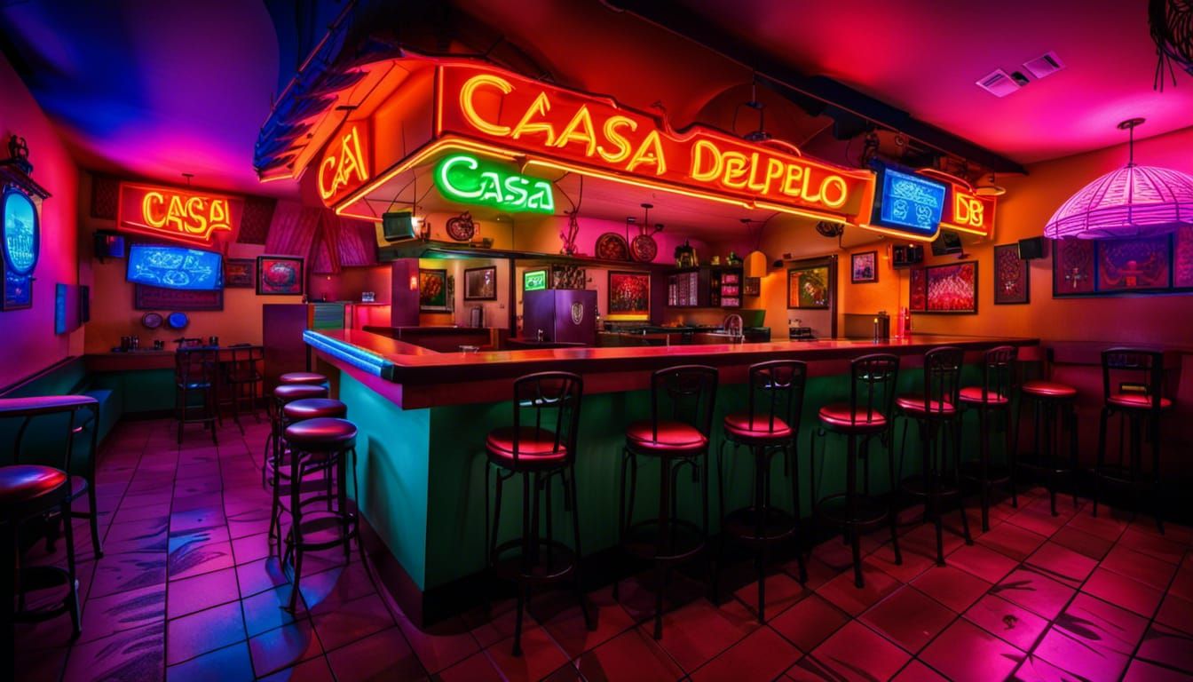 Vibrant Mexican-Chinese Restaurant Interior with Neon Sign