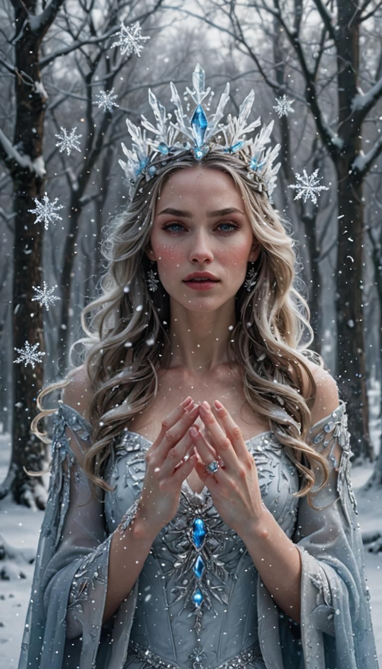 The ice queen holds her palm in front of her face, blows snowflakes, crystals into her palm, the snowflakes create a vor...