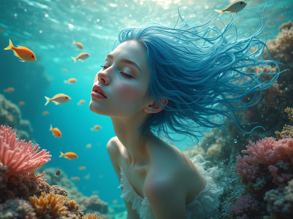 A ethereal water princess with flowing blue hair, detailed facial features, and serene expression merges sea...