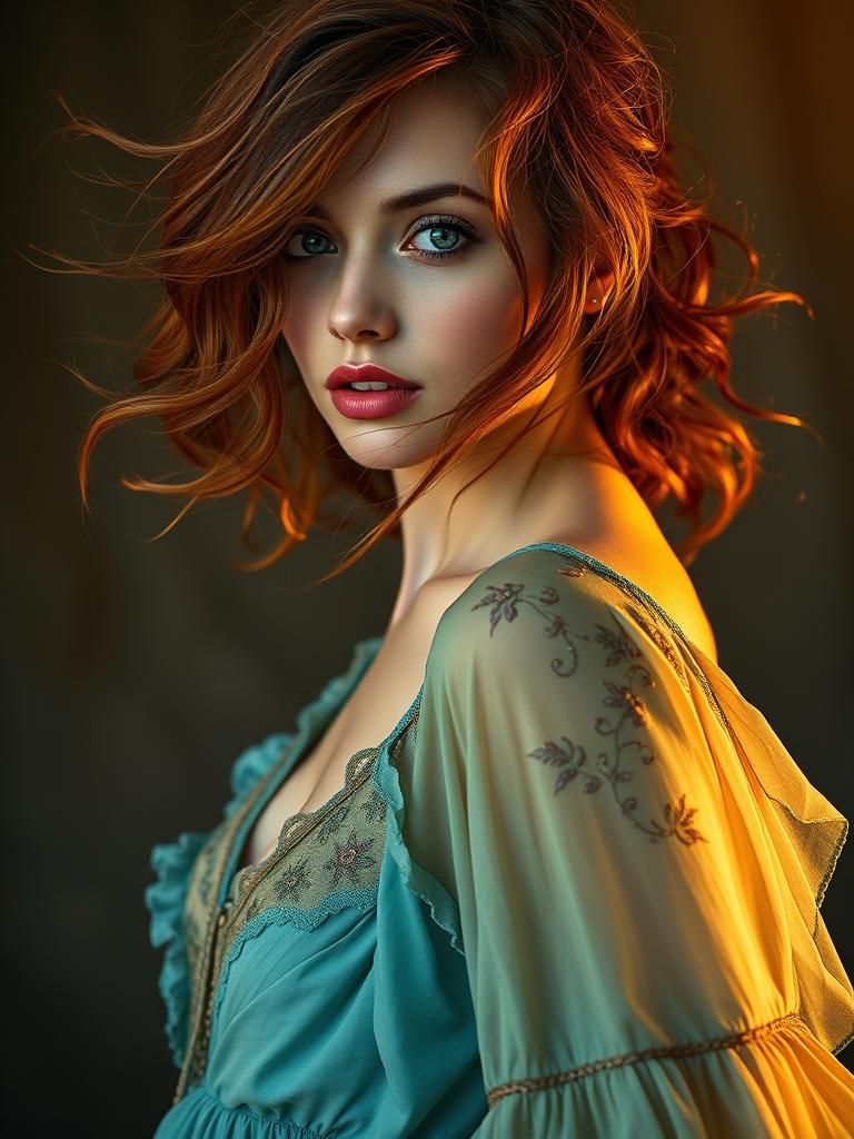 Auburn Beauty in Flowing Turquoise Dress