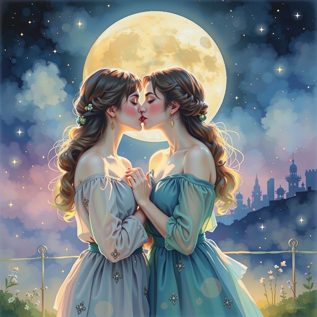 Romantic Kiss in Art Nouveau Style Moonlight