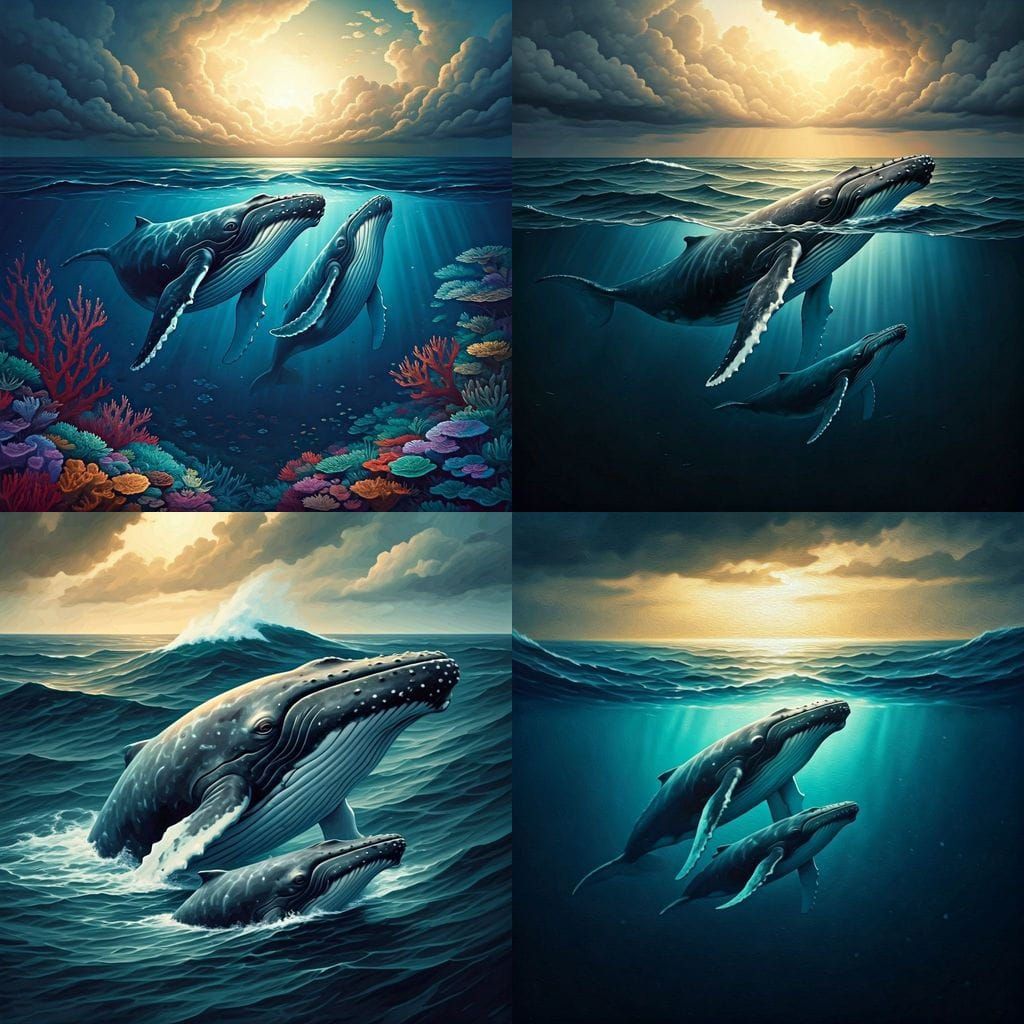 Humpback Whale Family in Stormy Seas: An Oil Painting