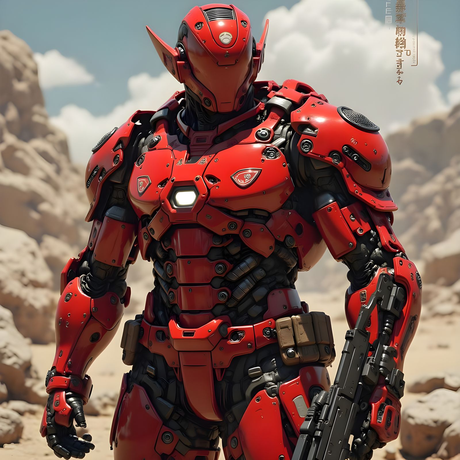 Red Armored Soldier in Cyberpunk Military Style