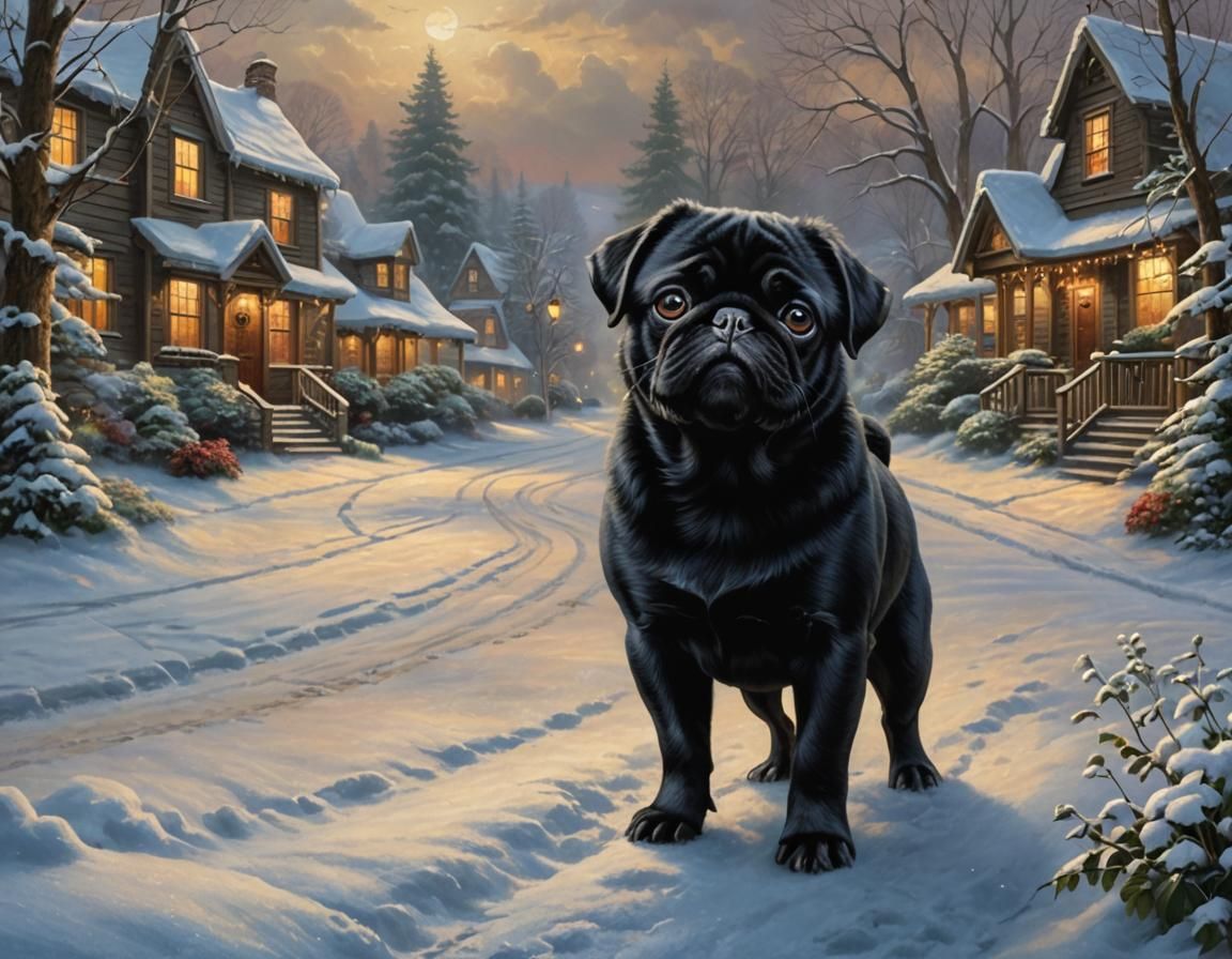 Black Pug in Snowy Mountains: Painterly Landscape