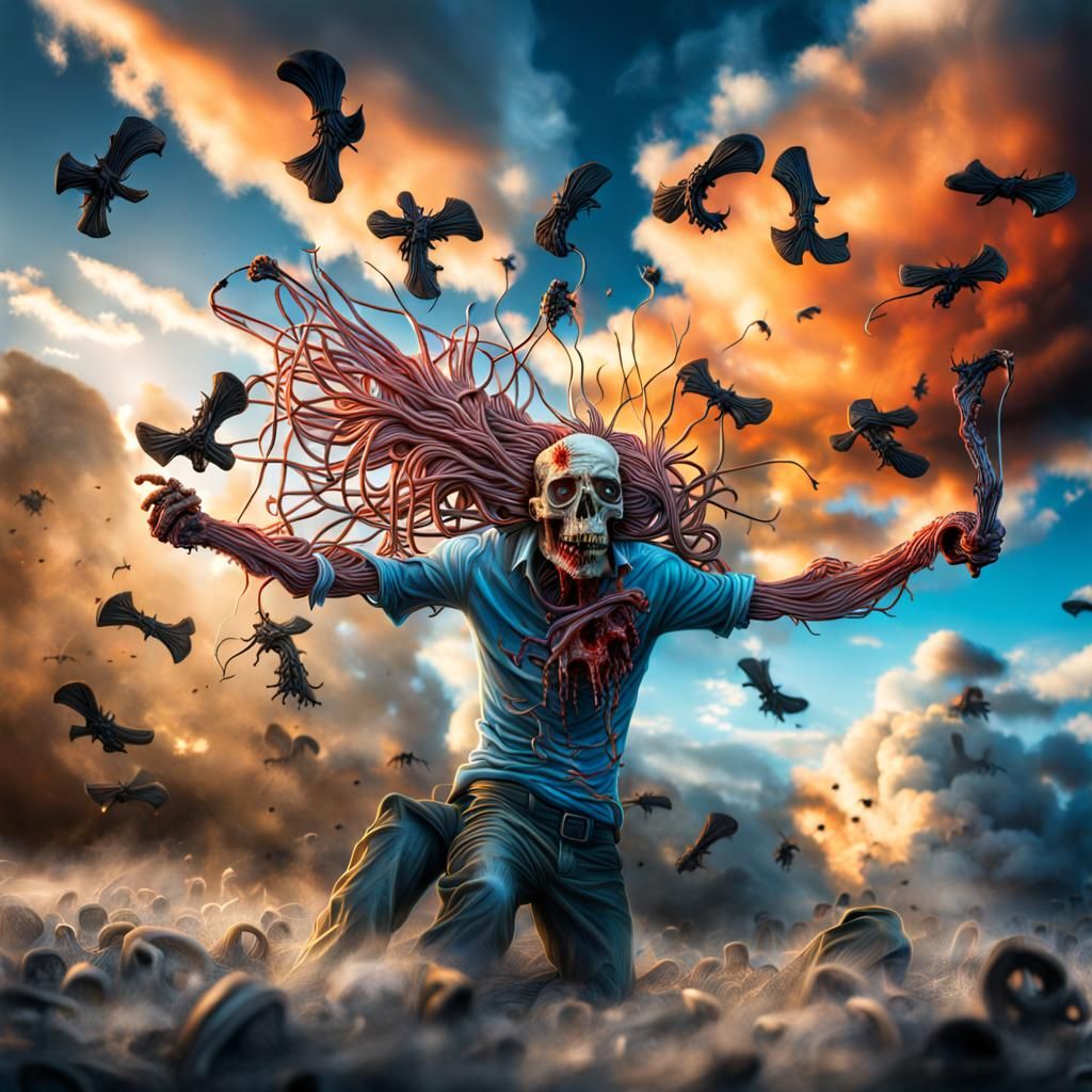 Spaghetti Eats Zombie Skull in Hyperrealistic Detail