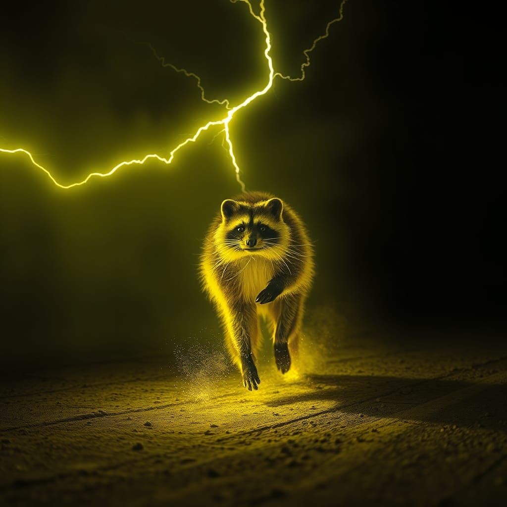 Neon Raccoon Running Through Electric Wasteland