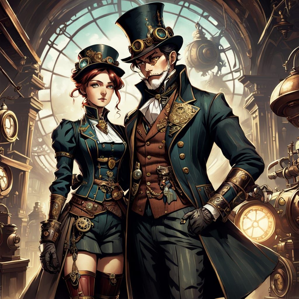 Steampunk Victorian Cat Couple in Cinematic Lighting