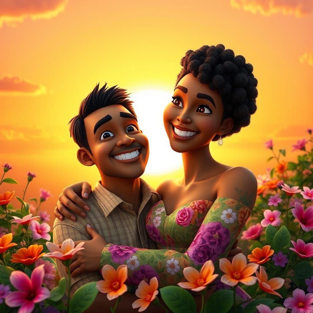 Joyful Couple Surrounded by Flowers at Sunset
