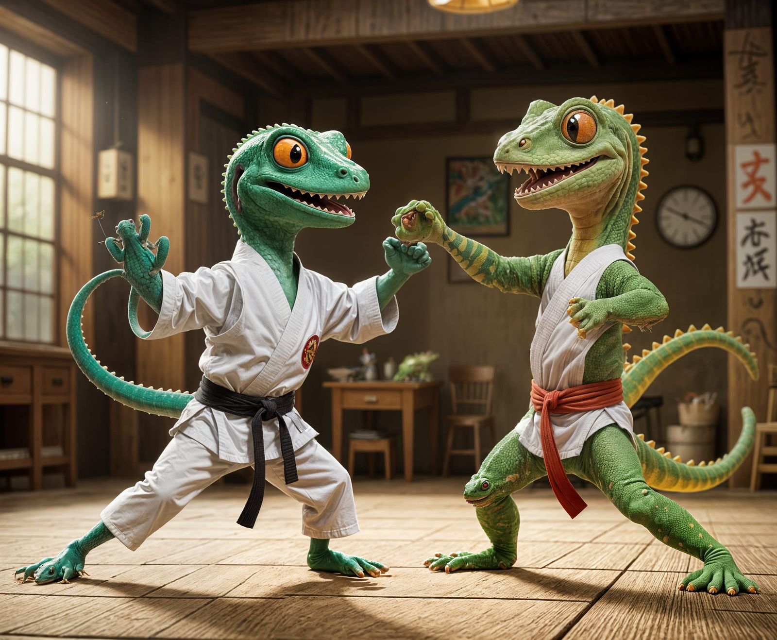 Cartoon Gecko's Karate Duel with Giant Fly