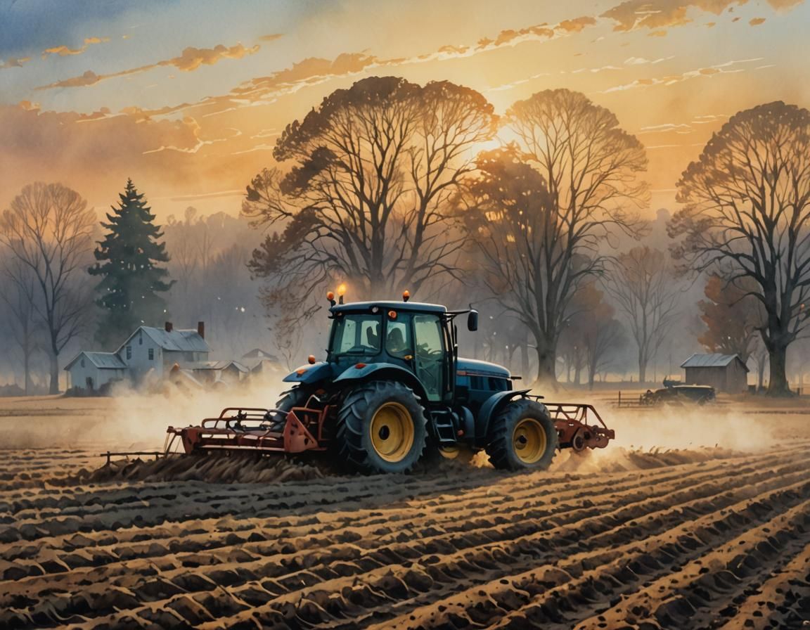 Tractor on Foggy Morning: Watercolor Comic Art