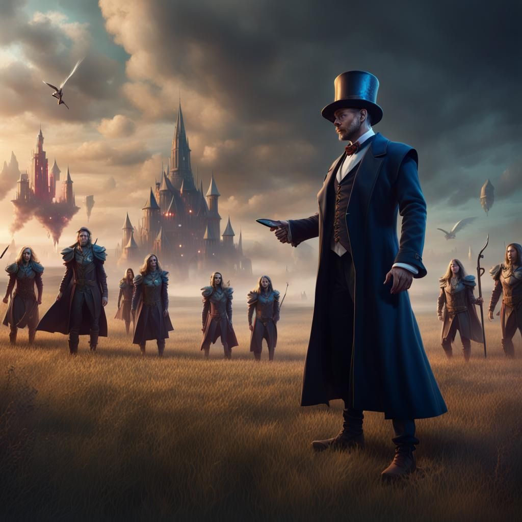 Magician Surrounded by Warriors in Surreal Fantasy Style