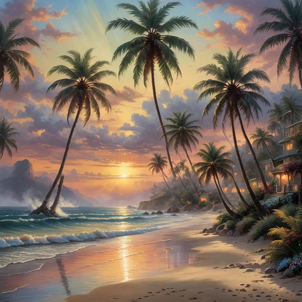 Ethereal Sunset Beach with Palms, Hyperdetailed