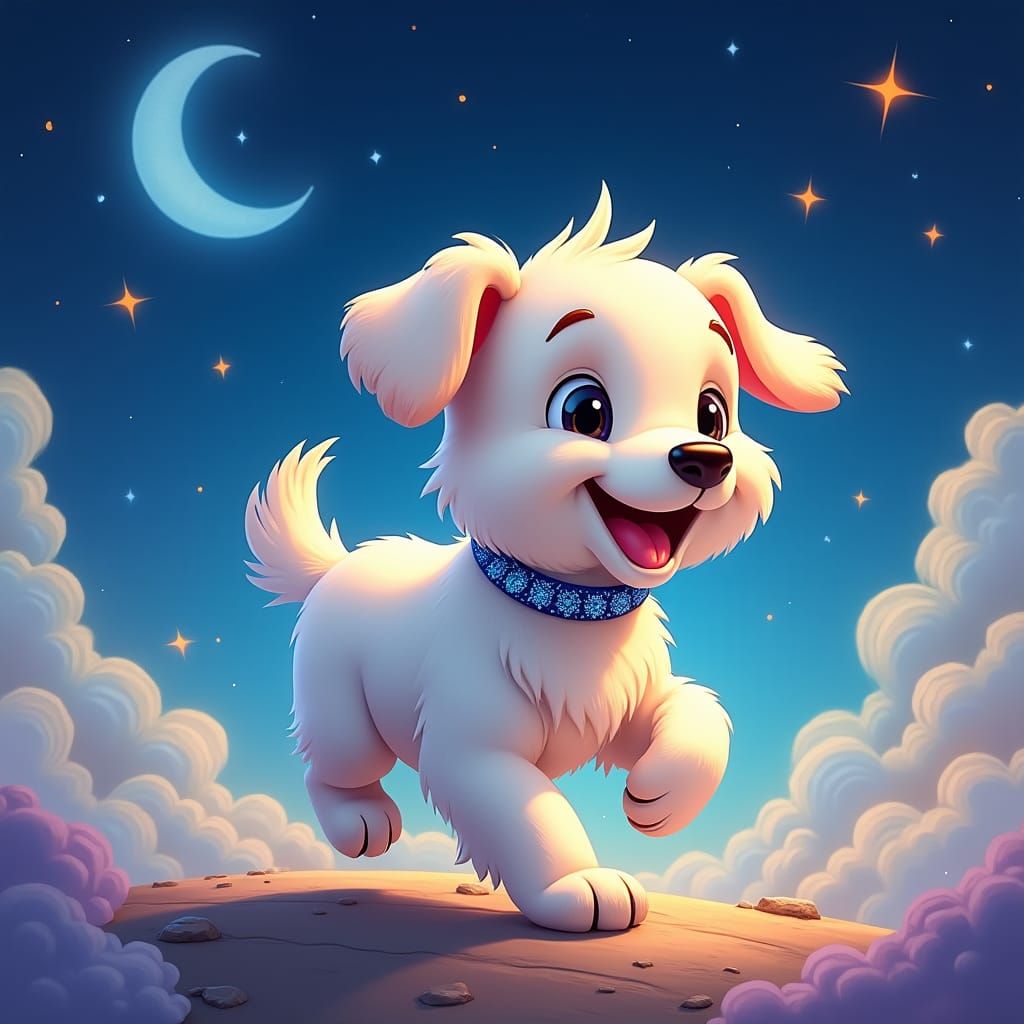 Fluffy Puppy Runs Among the Stars: Cartoon Style
