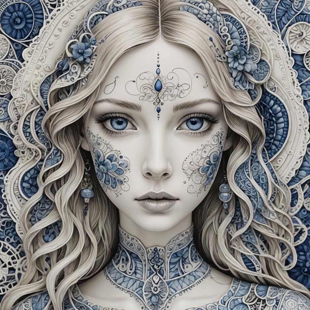Blue-Eyed Porcelain Woman with Zentangle Patterns
